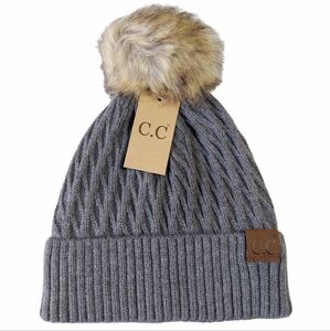 C.C knit beanie Hat Dark Gray Womens Stretch Soft Winter Hat Faux Fur Pom New
